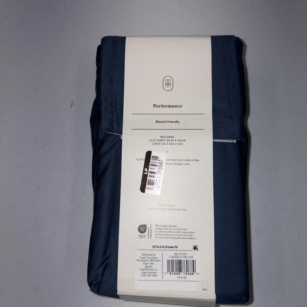 Threshold Performance 100% Cotton Sateen QUEEN Flat Sheet Blue 400 TC Smooth